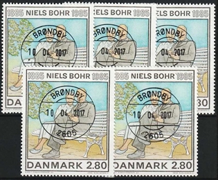 FRIMÆRKER DANMARK | 1985 - AFA 842 - Niels Bohr - 2,80 Kr. flerfarvet x 5 stk. - Lux stemplet